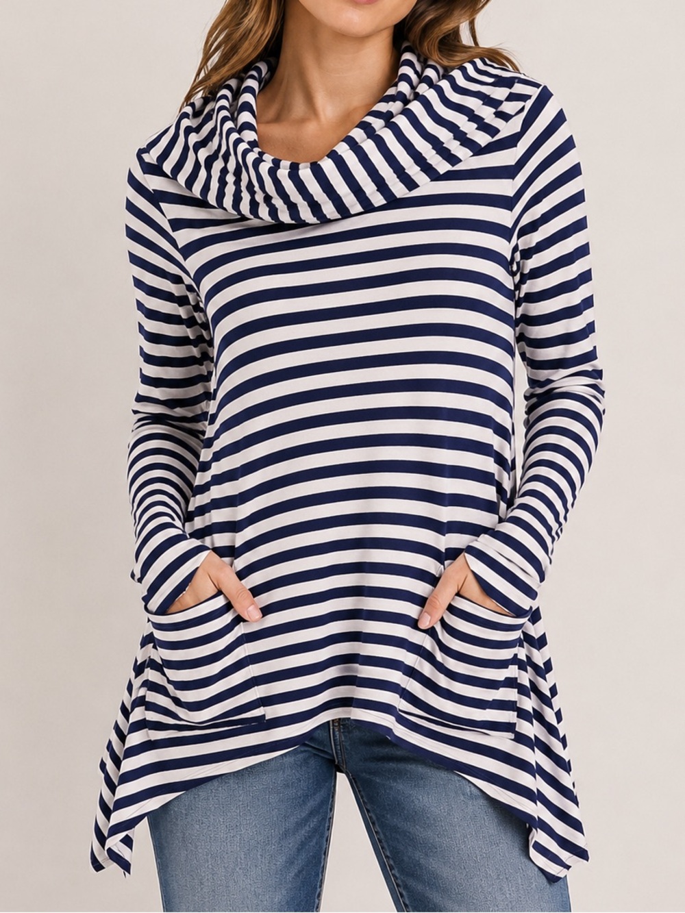 Saks Fifth Avenue Blue Striped Cowl Neck Hooded Tunic Sweater Size Small